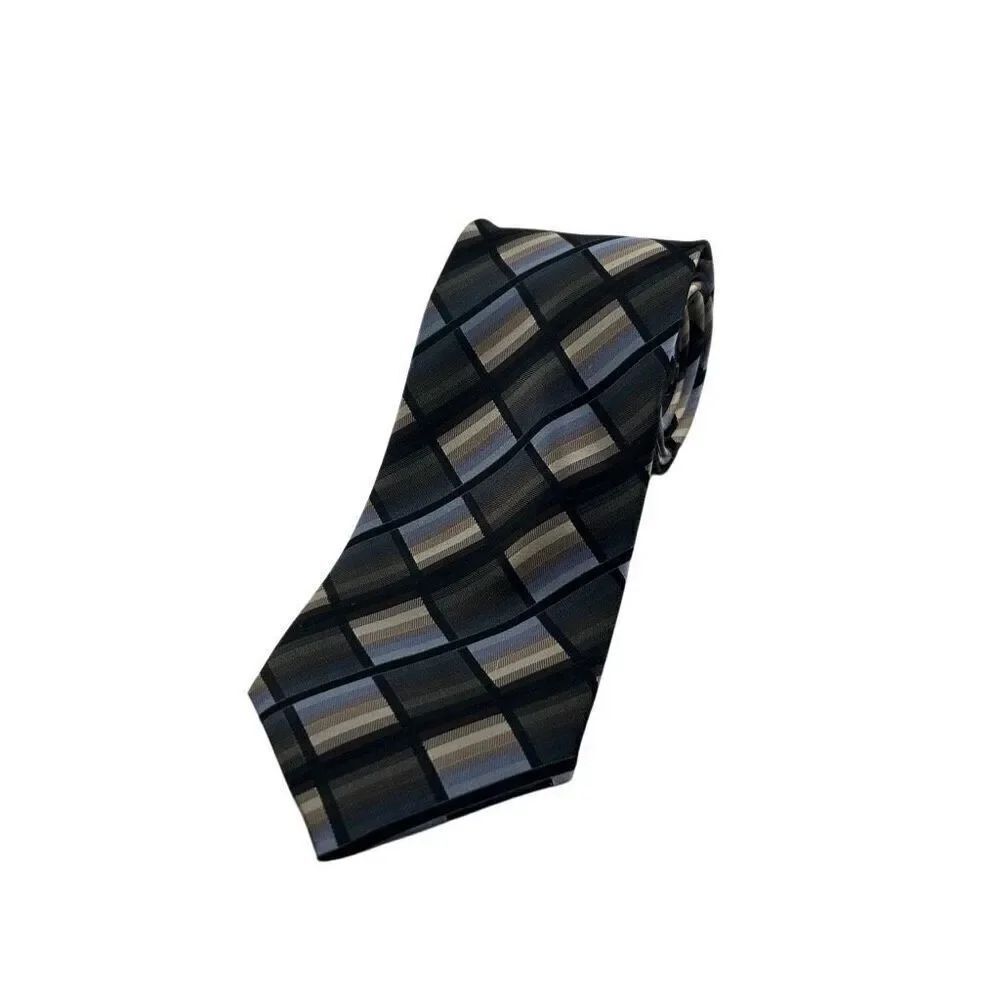 Robert Villini Courture Geometric Handmade Tie Silk Necktie Blue Brown Black